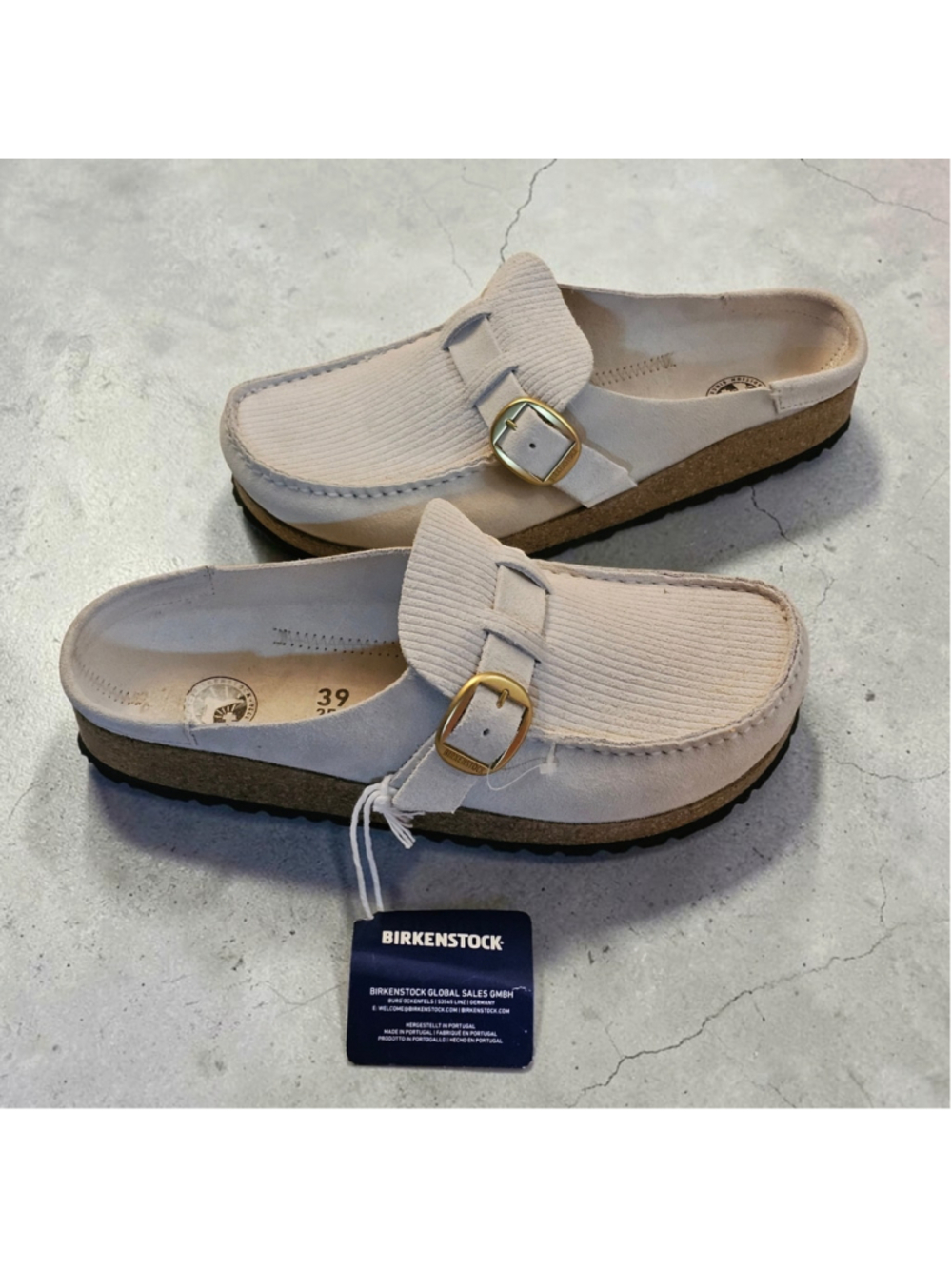 Birkenstock Buckley Women 39 US 8 Taupe Suede Corduroy Clogs Gold Buckle NWT